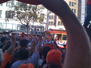 Hannah Sears looks over the crowds at the Giants teams cable car