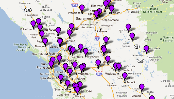 A Google map shows crisis pregnancy centers in the San Francisco Bay Area. Many of these centers are designed to attract women seeking abortions, but the centers do not actually provide them. 