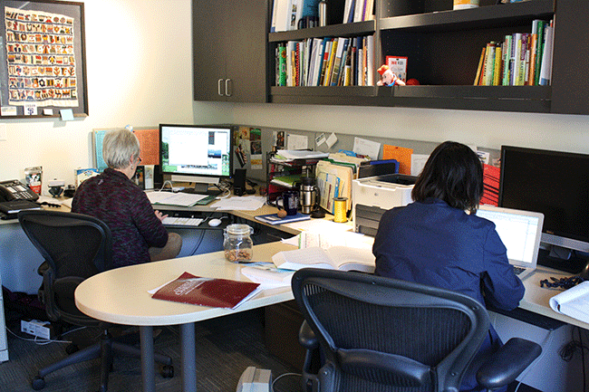 Urbans college counselors, Susan Lee and Lauren Gersick, work in their office on the first floor.