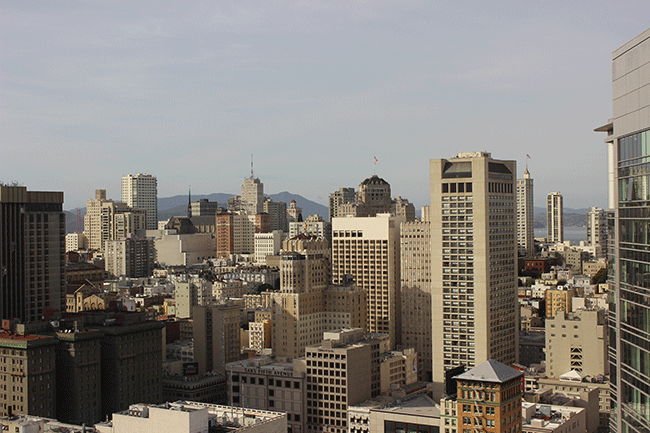 San Francisco, CA: The San Francisco skyline, taken from the top floor of the Marriott Marquis hotel on Mission Street in downtown San Francisco.