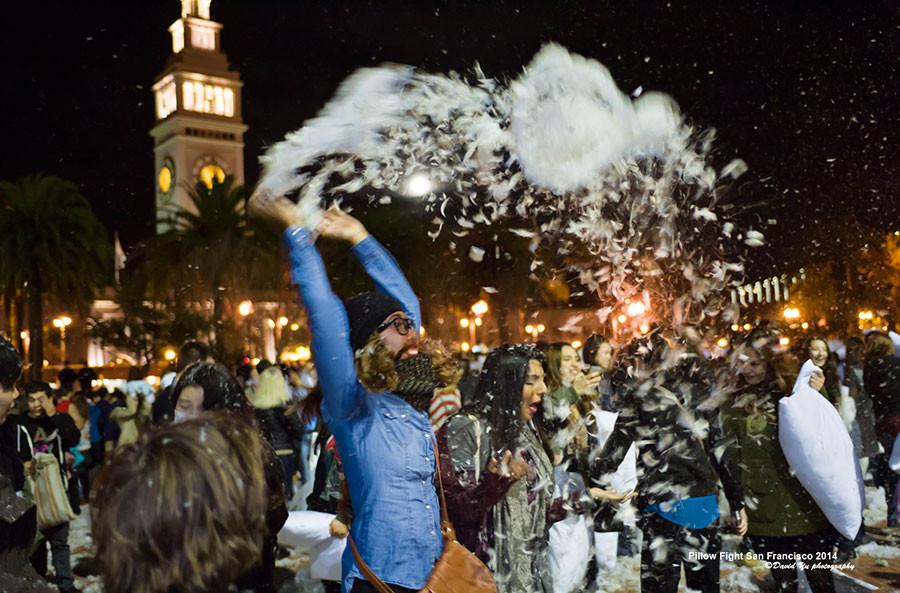 Valentines Day pillow fight in Justin Herman Plaza.