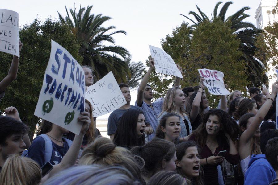 Students from the Urban School of San Francisco protest the election of Donald Trump as the 45th President of the United States in San Francisco's financial district