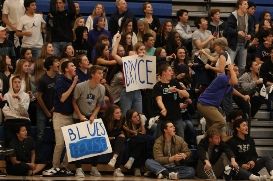 Urban students cheer on their fellow Blues at a basketball game against Lick-Wilmerding. Photo credit: Kathryn Doorey