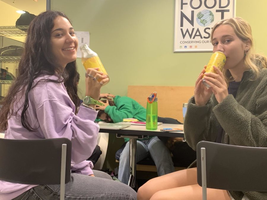 Students Becky Phillips 21 and Robyn Wadsworth 21 drink Yerba Mates in the Student Center. 