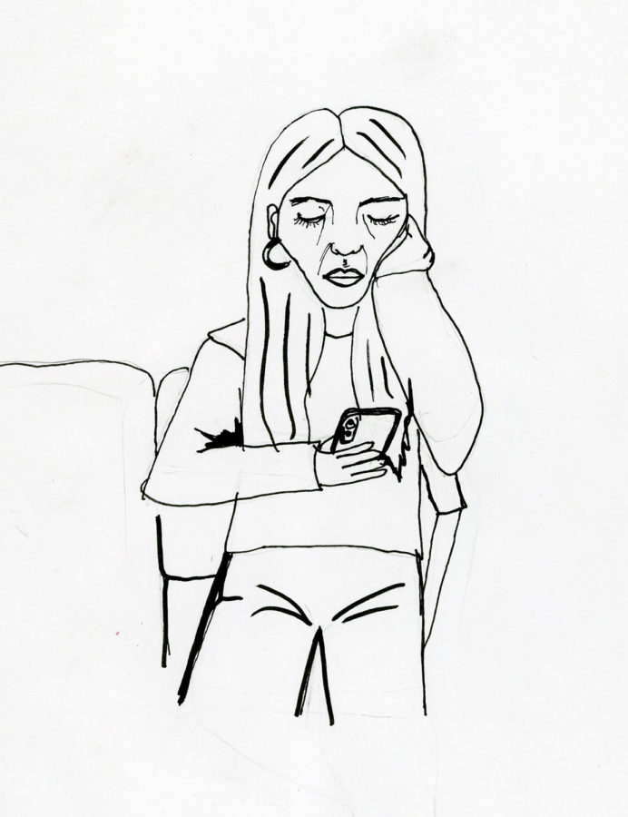 Illustration of a student looking at their phone. Illustration credit: Alex Stross.
