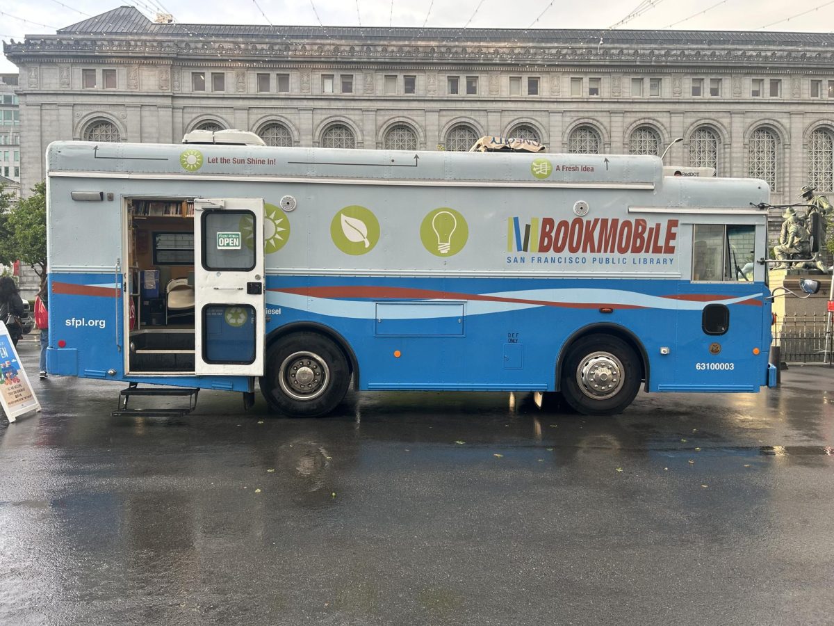 The SFPL bookmobile at Fulton Plaza on April 11. Photo credit: Sophia Chandriani.